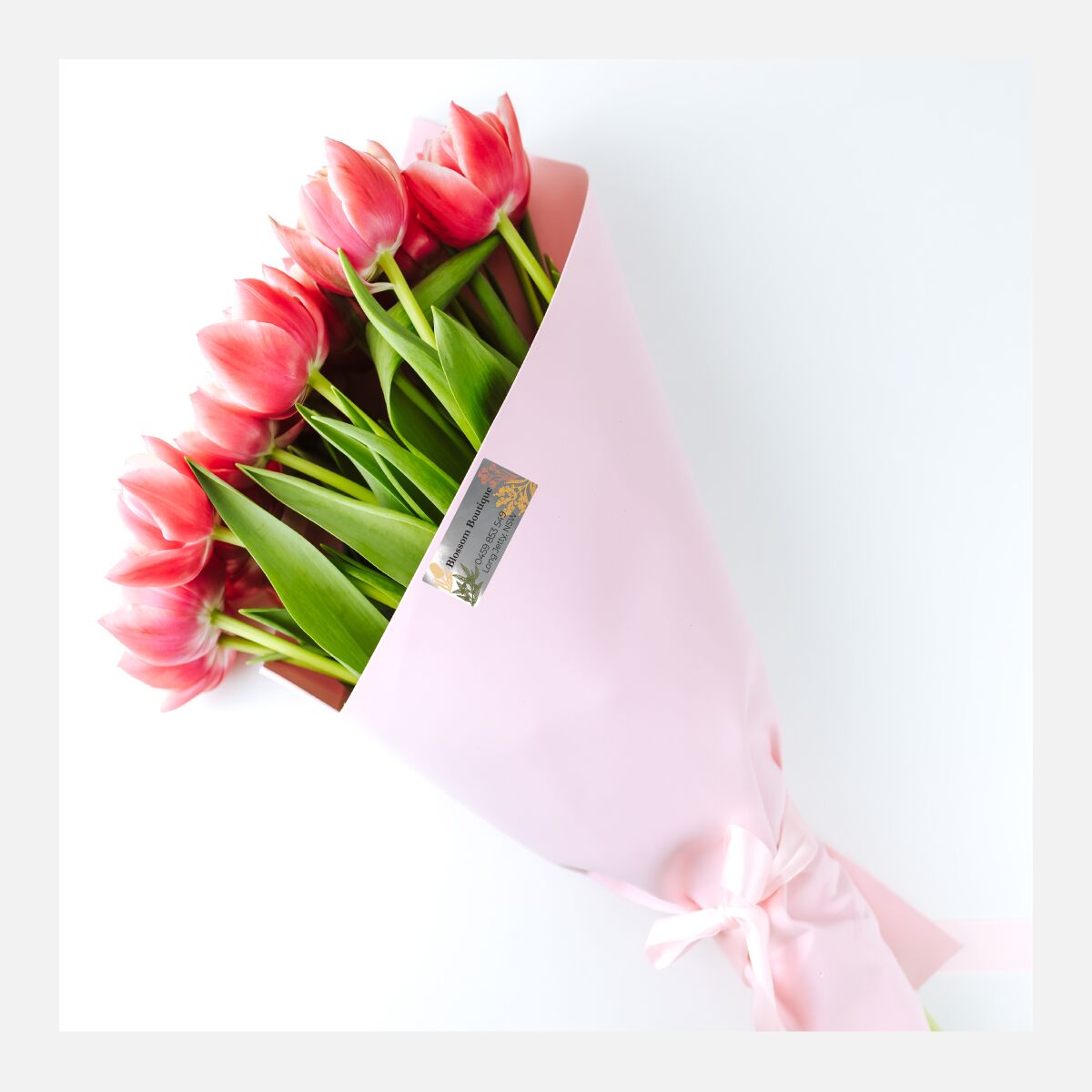 Rectangle labels on gloss silver synthetic on a flower bouquet
