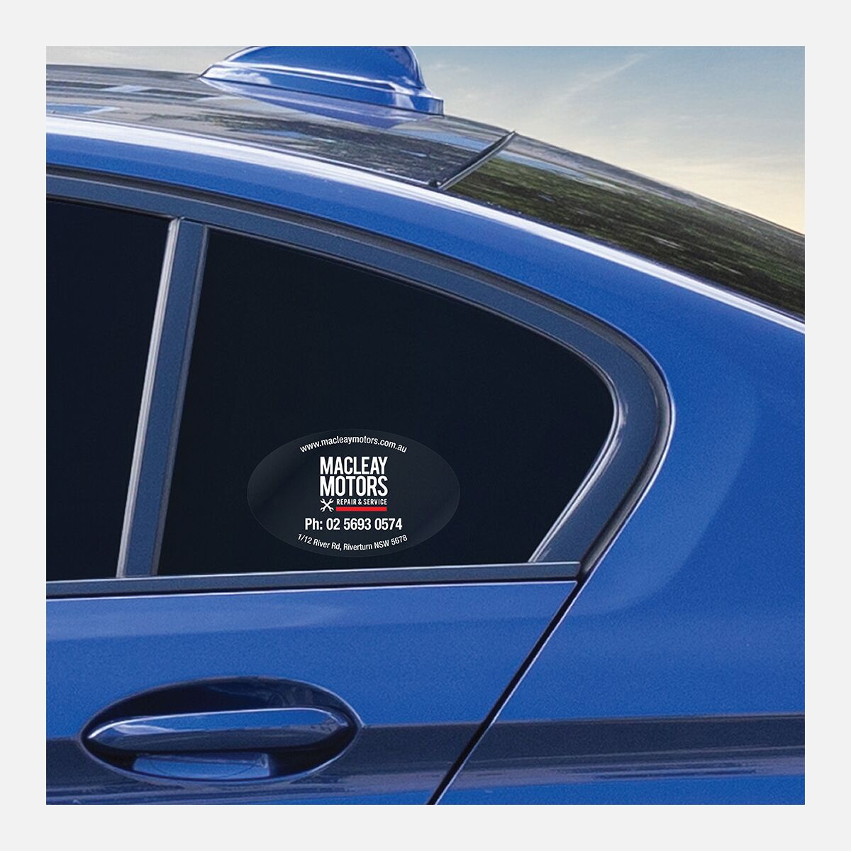 Clear bumper sticker for Macleay Motors on a plain background