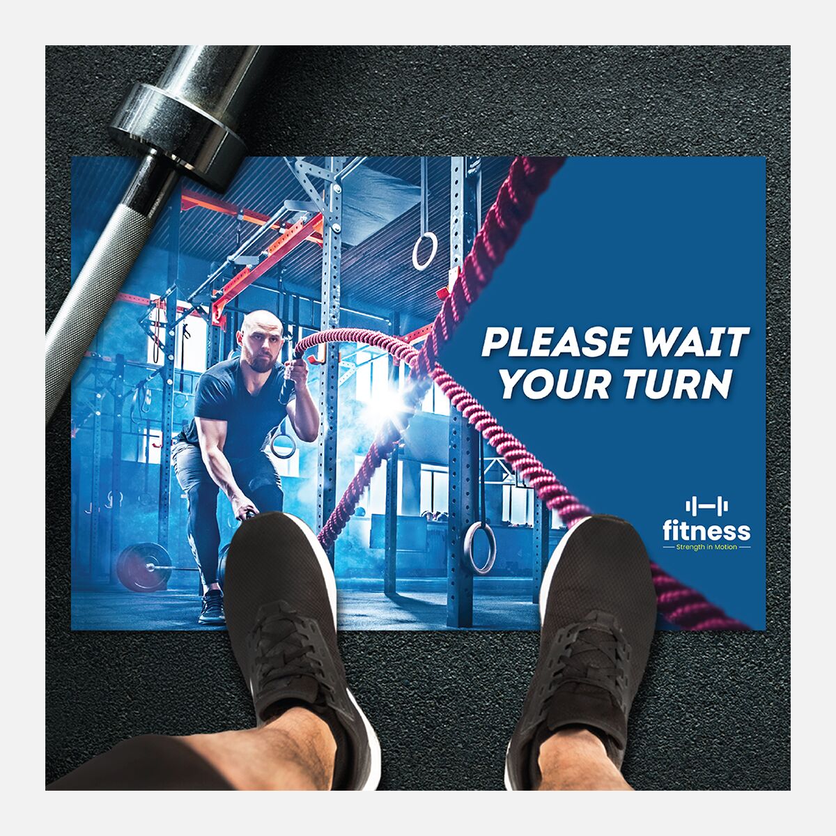 Floor decal with a gym-themed design on a plain background