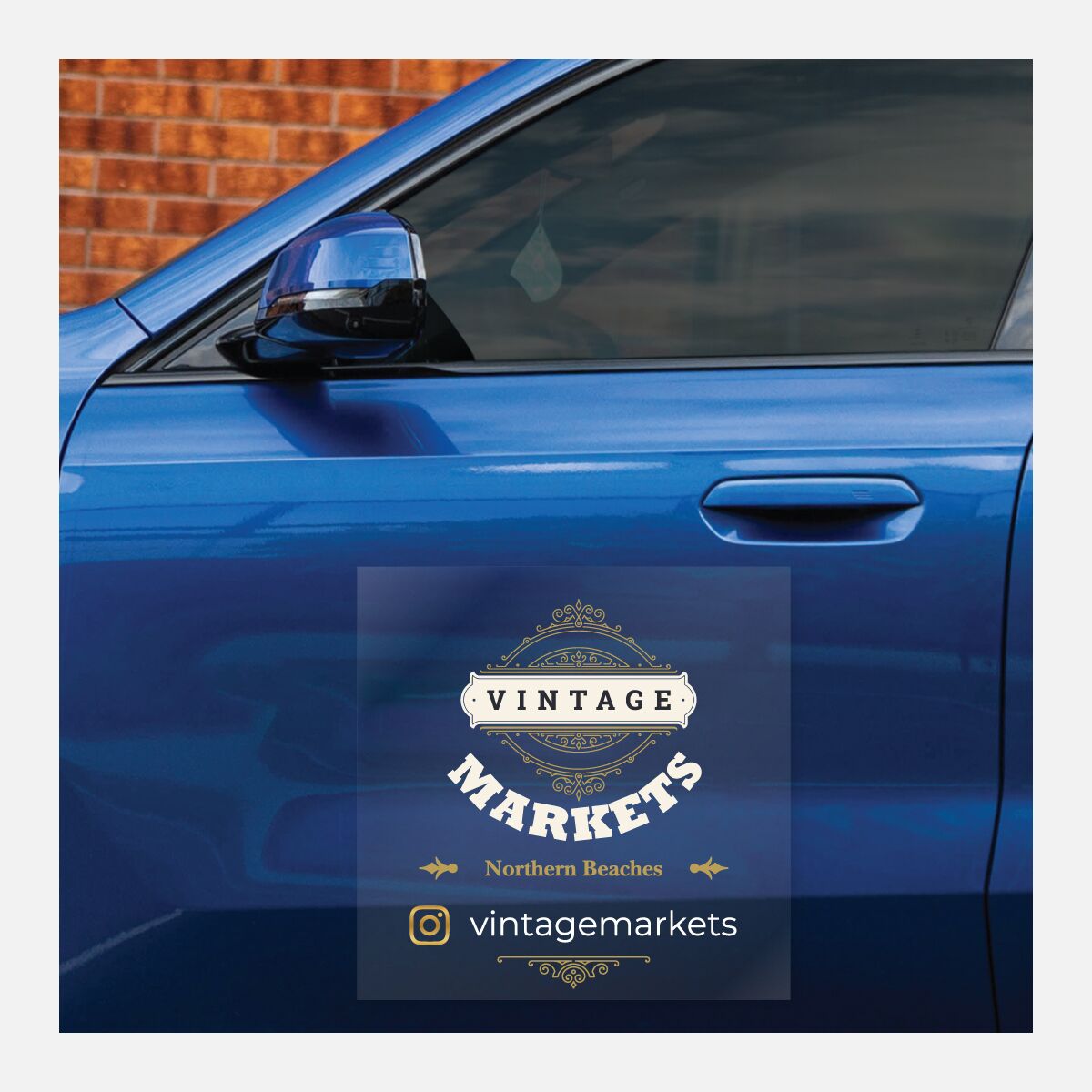 Square clear vinyl car decal on a blue vehicle door with a vintage markets design